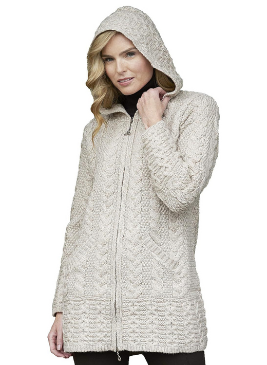 Ladies Irish Cable Knitted Hooded Parsnip Coat