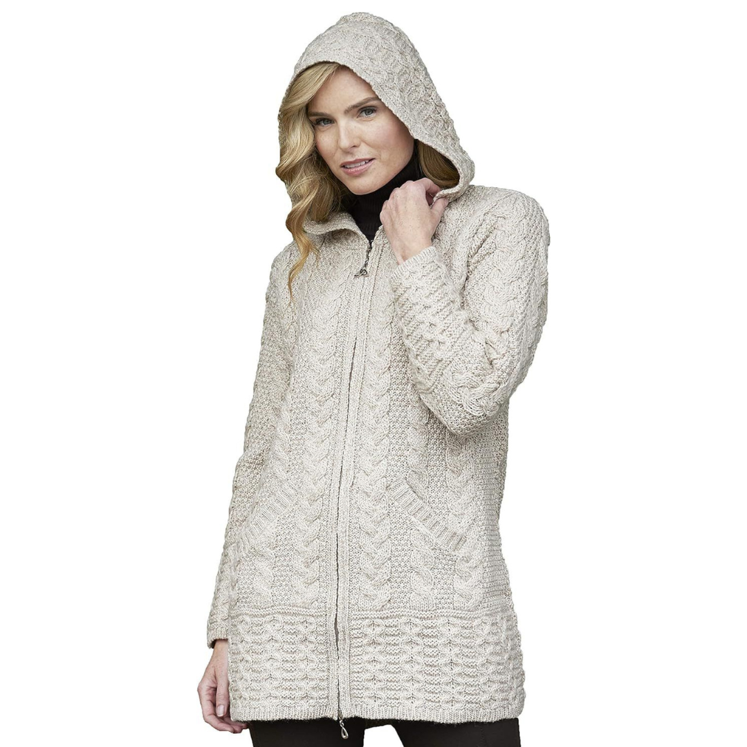 Ladies Irish Cable Knitted Hooded Parsnip Coat