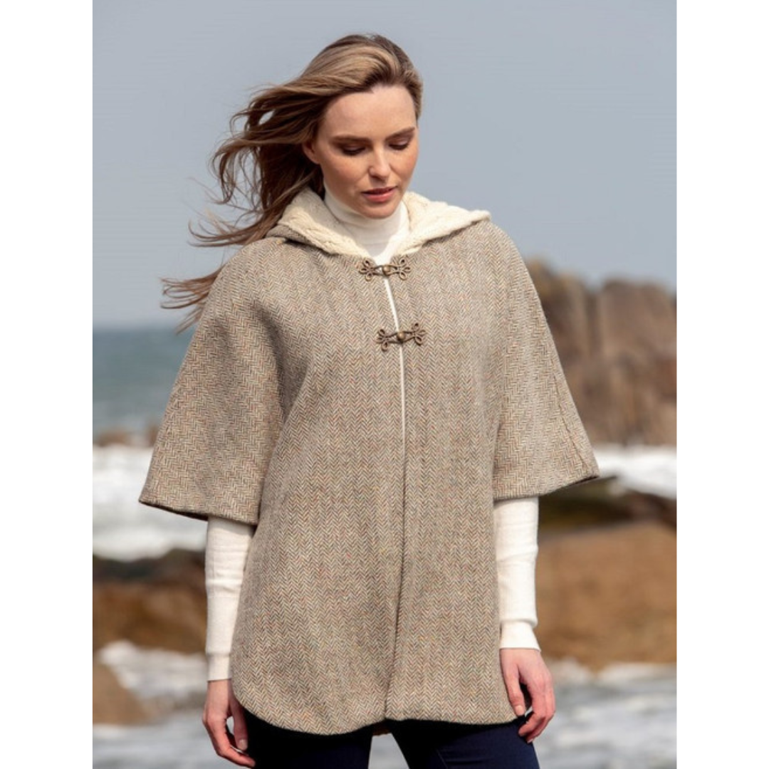 Ladies Tweed With Aran Lined Collar Oatmeal Poncho