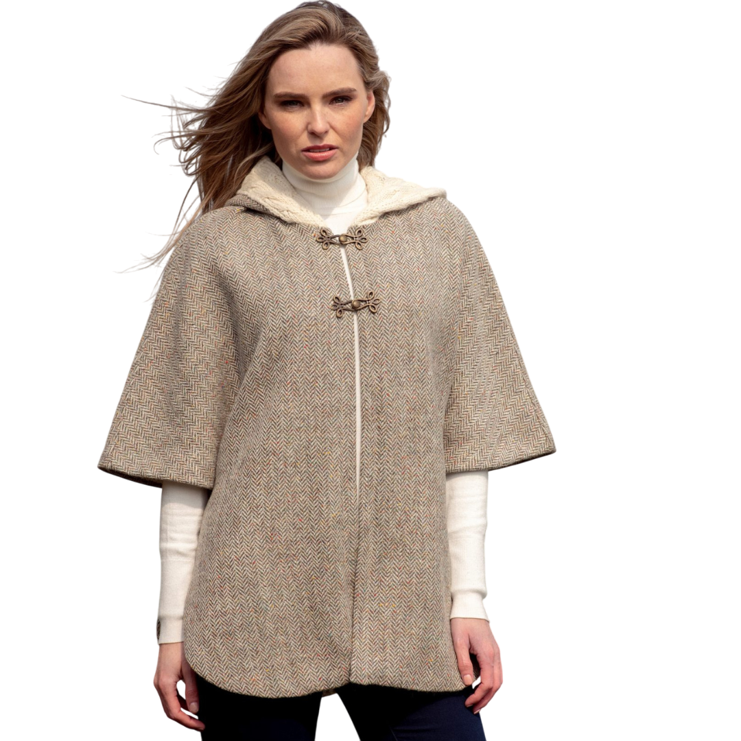 Ladies Tweed With Aran Lined Collar Oatmeal Poncho