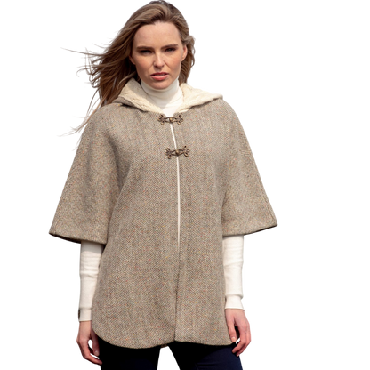 Ladies Tweed With Aran Lined Collar Oatmeal Poncho