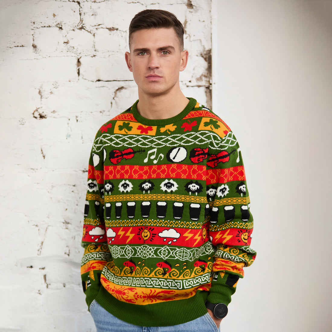 Unisex Green Multi Islander Knit Jumper