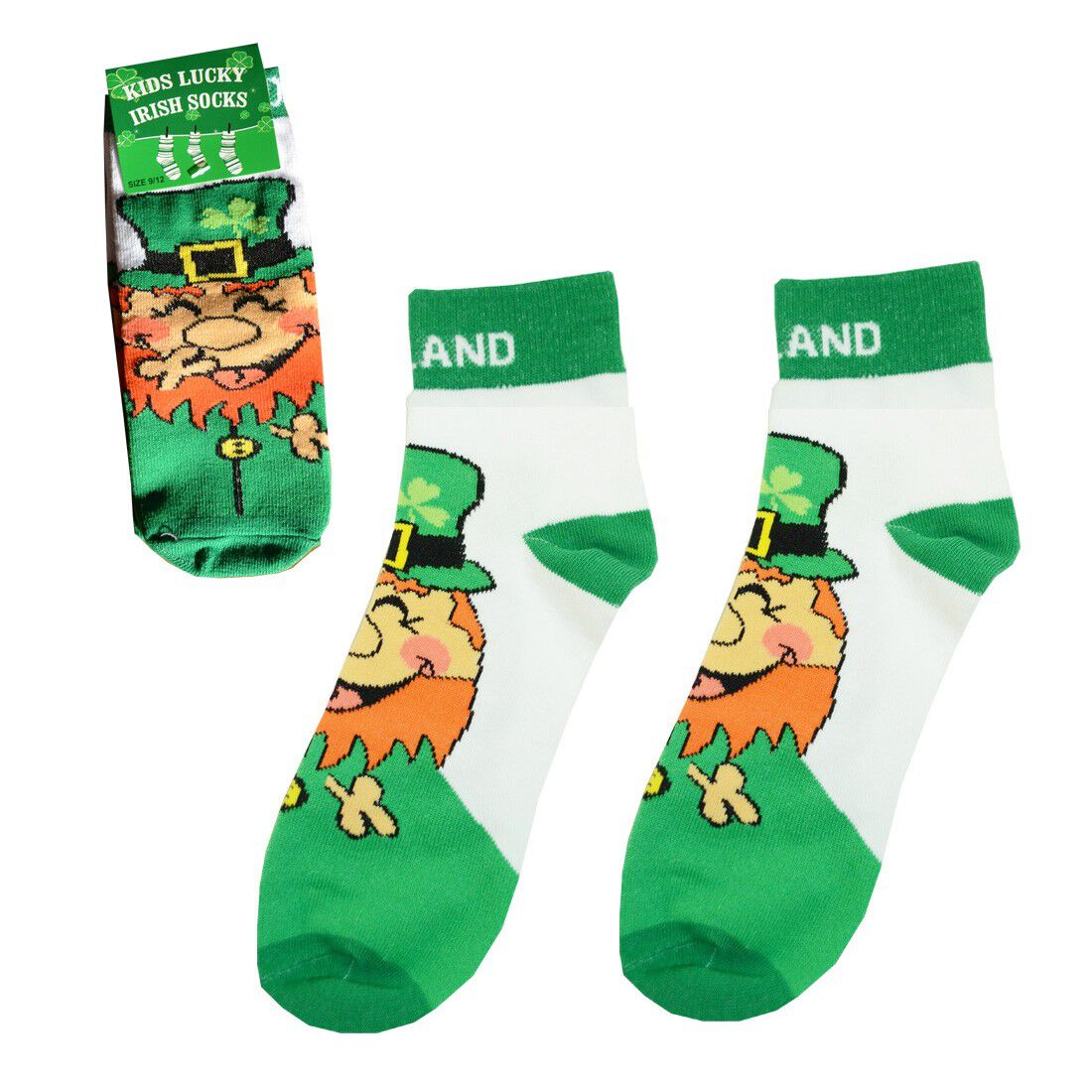 Laughing Leprechaun Socks With Ireland Text & Green Heels White
