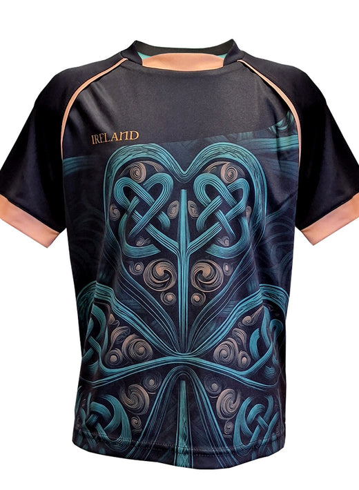 Black shirt with teal Celtic knot design and Ireland text on chest