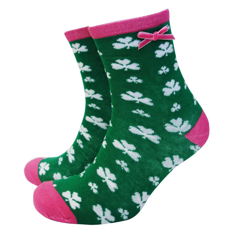 Green & Pink Trim Socks With White Shamrocks & Pink Ribbon