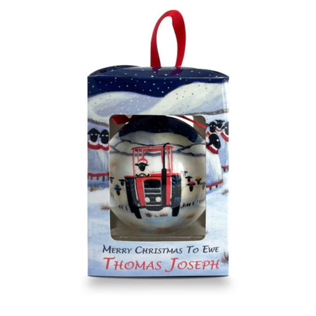 Sheep and Tractor Snow Christmas Bauble 