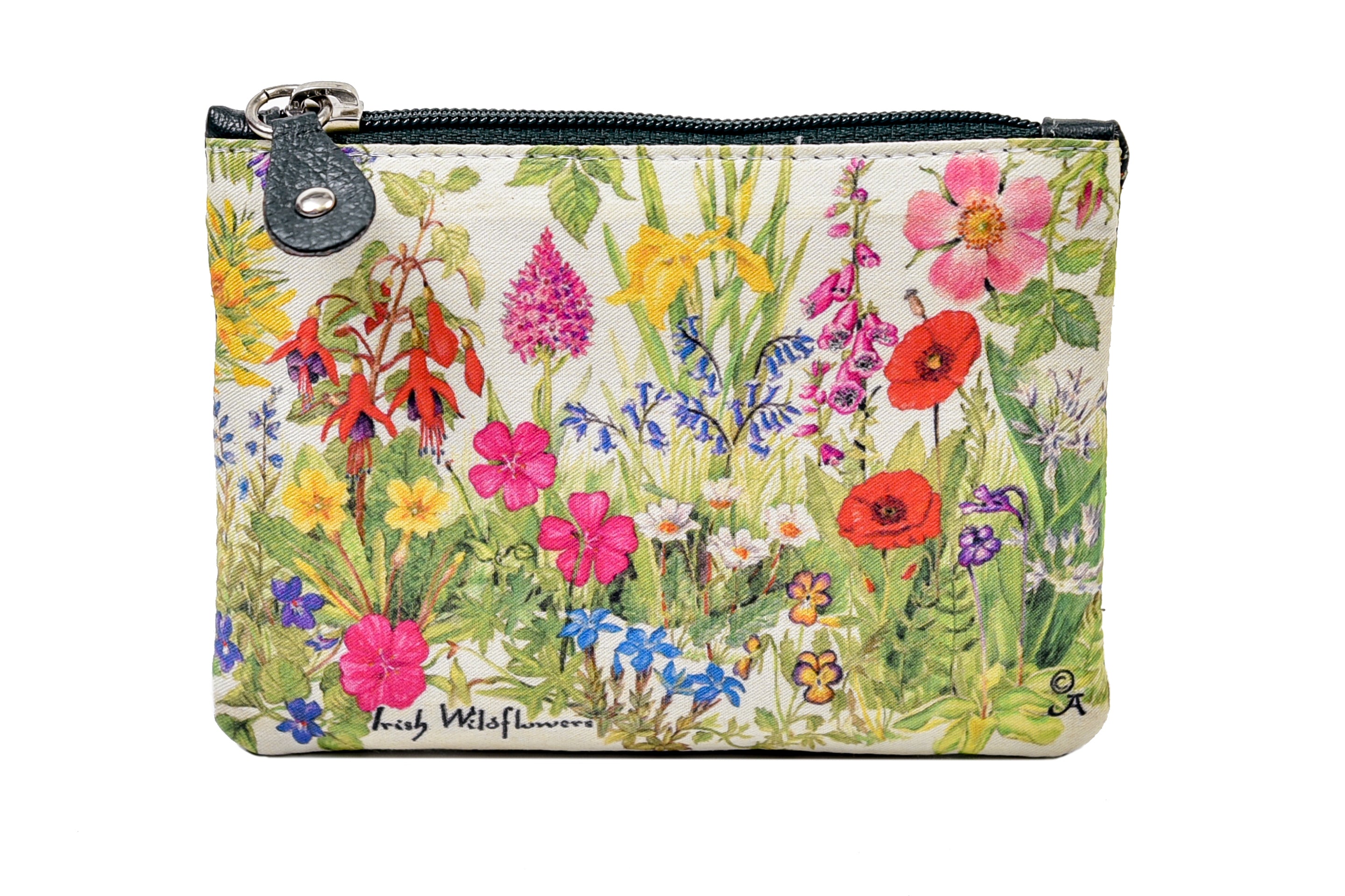 Irish Leather Top Zip Purse Irish Wildflowers Design