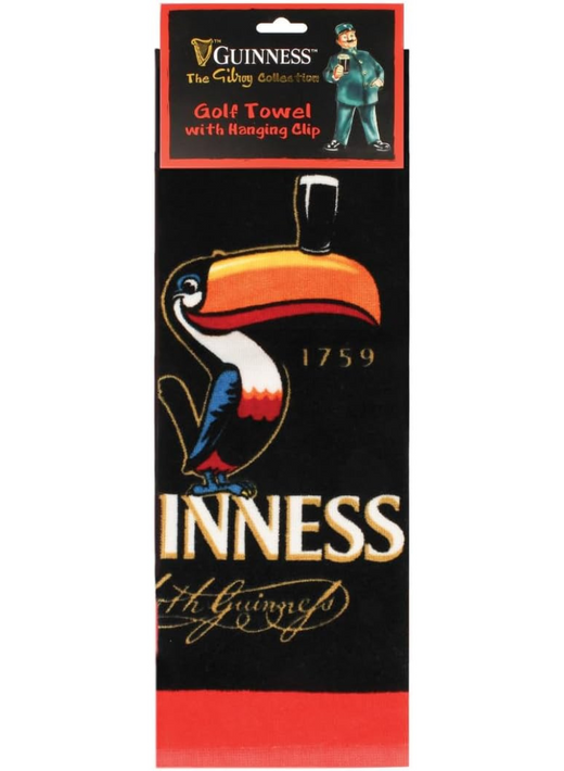 Black golf towel with colorful toucan and Guinness branding
