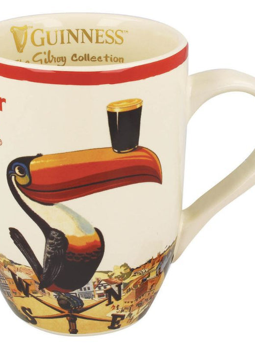 Ceramic mug with toucan illustration balancing a pint on its beak