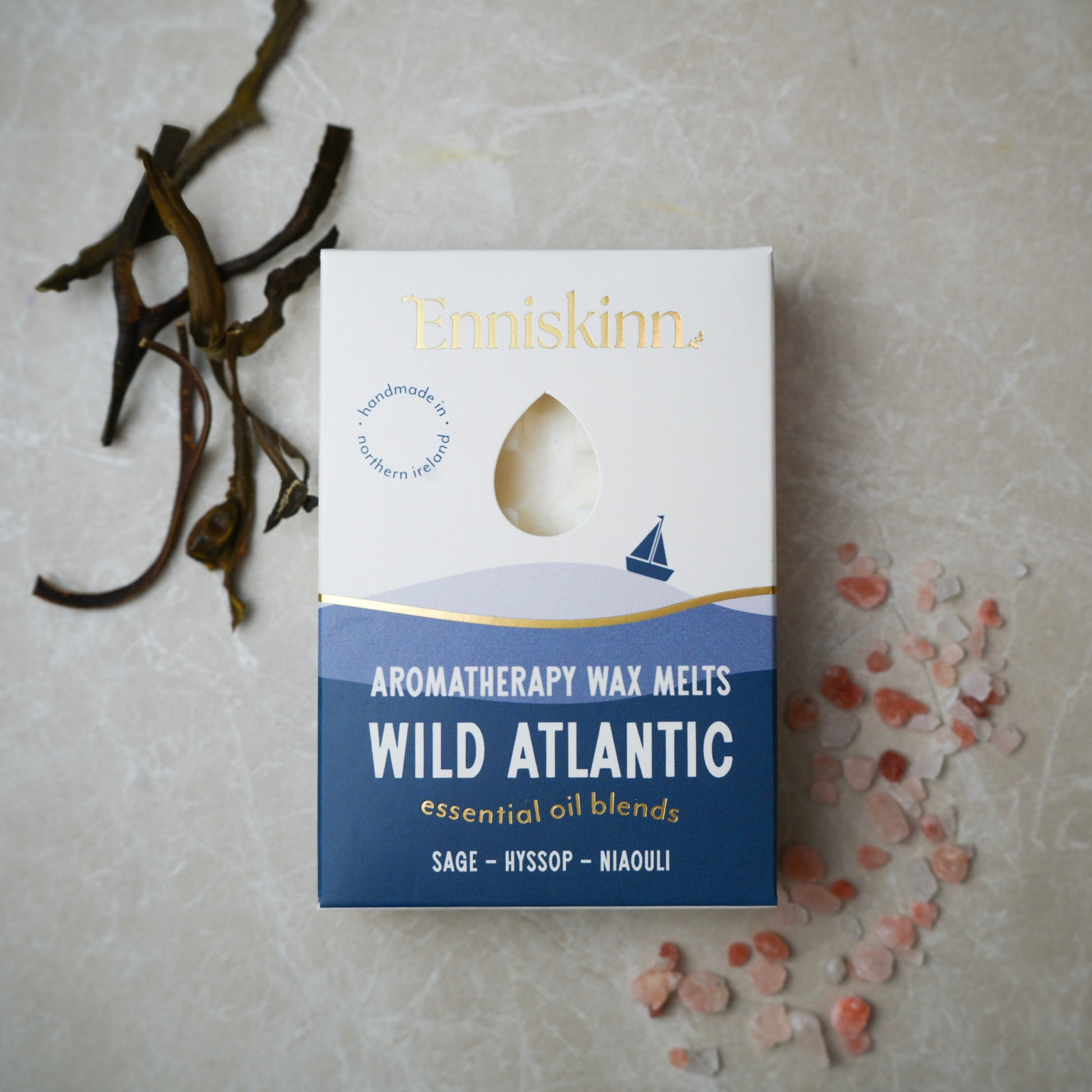 Enniskinn Aromatherapy Wax Melts Wild Atlantic box with a teardrop window and sailboat graphic