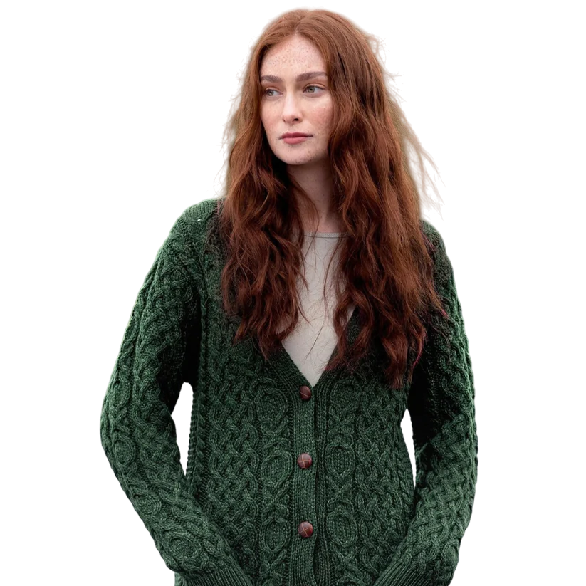 Ladies Aran Green Boyfriend Cardigan