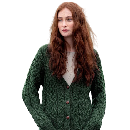 Ladies Aran Green Boyfriend Cardigan