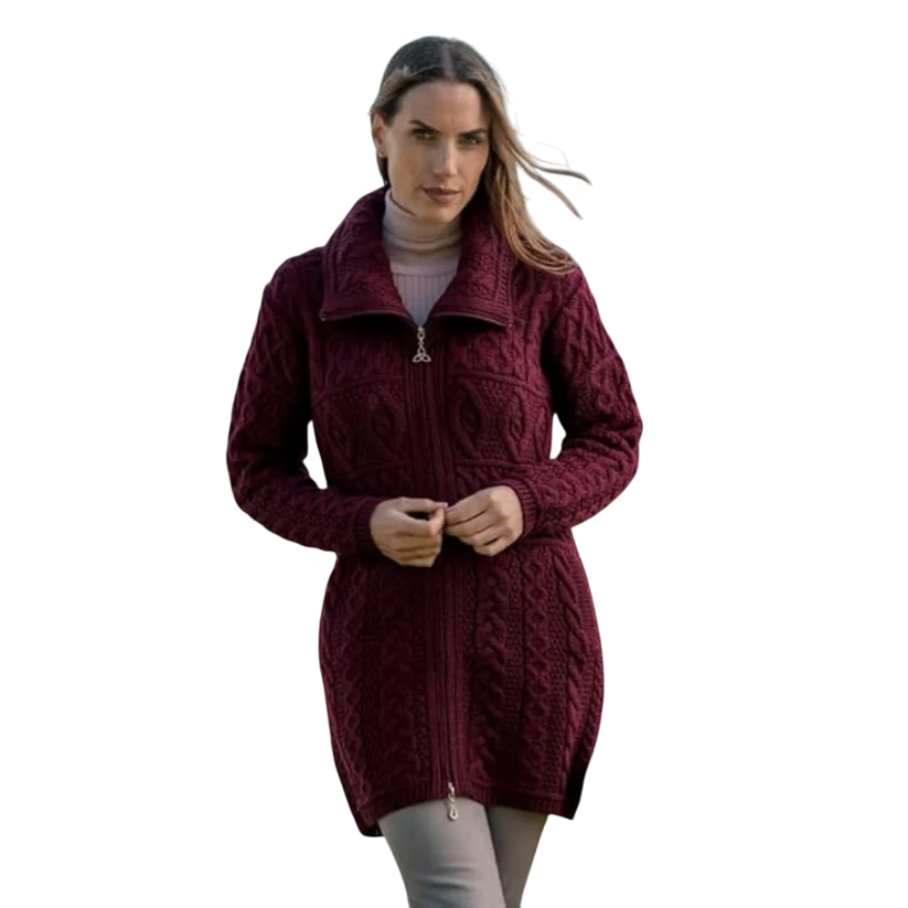 Ladies Merino Double Collar Aran Wine Coat