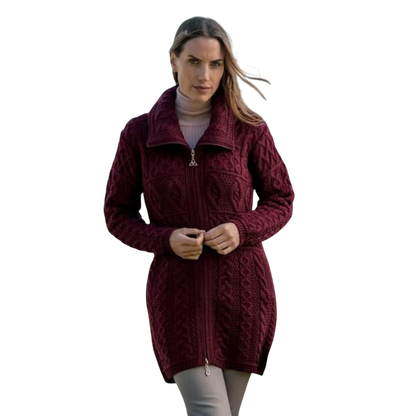 Ladies Merino Double Collar Aran Wine Coat