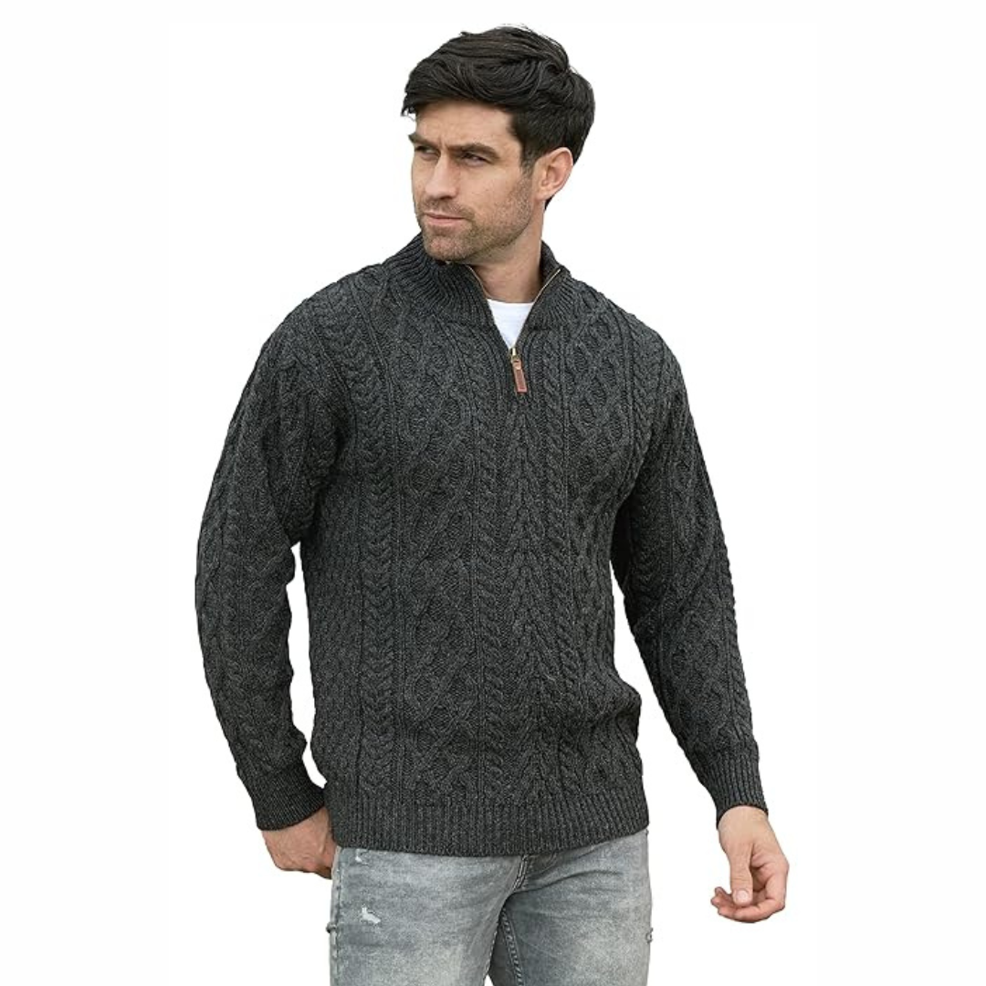 Men's Quarter Zip Aran Charcoal Jumper