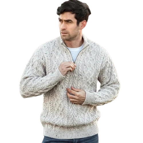 Men's Zip Neck Aran Oatmeal Jumper