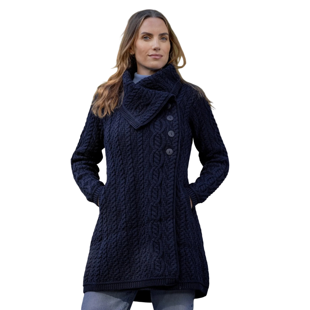 Ladies Chunky Collar Navy Aran Coat