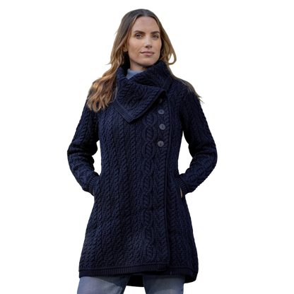 Ladies Chunky Collar Navy Aran Coat