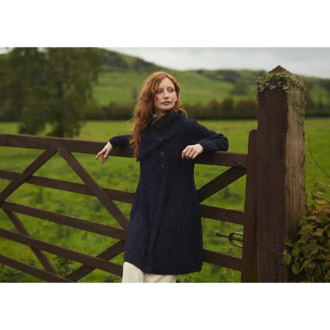 Ladies Chunky Collar Navy Aran Coat 