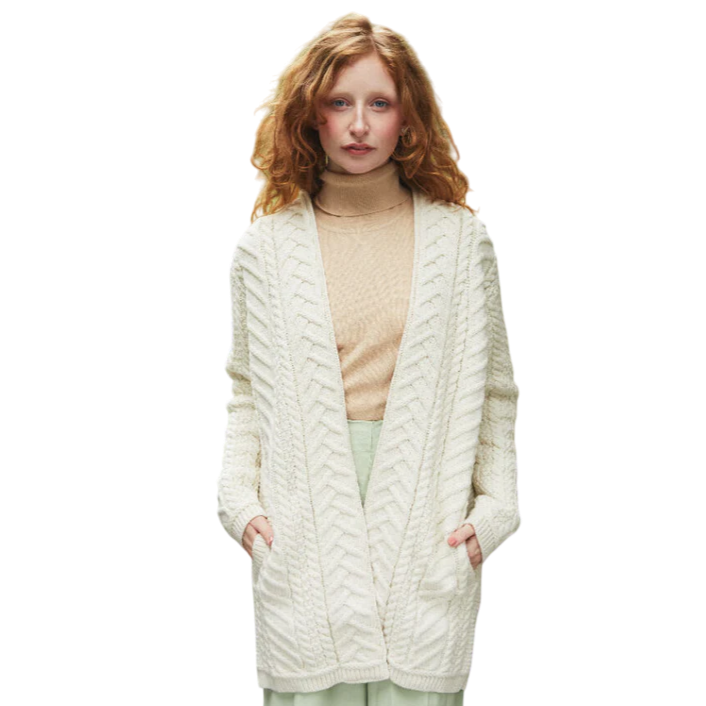 Ladies Traditional Knit Edge To Edge Long Natural Coat