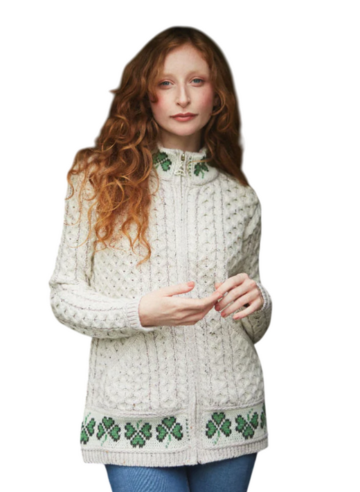 Ladies Merino Wool Shamrock Zip Cardigan