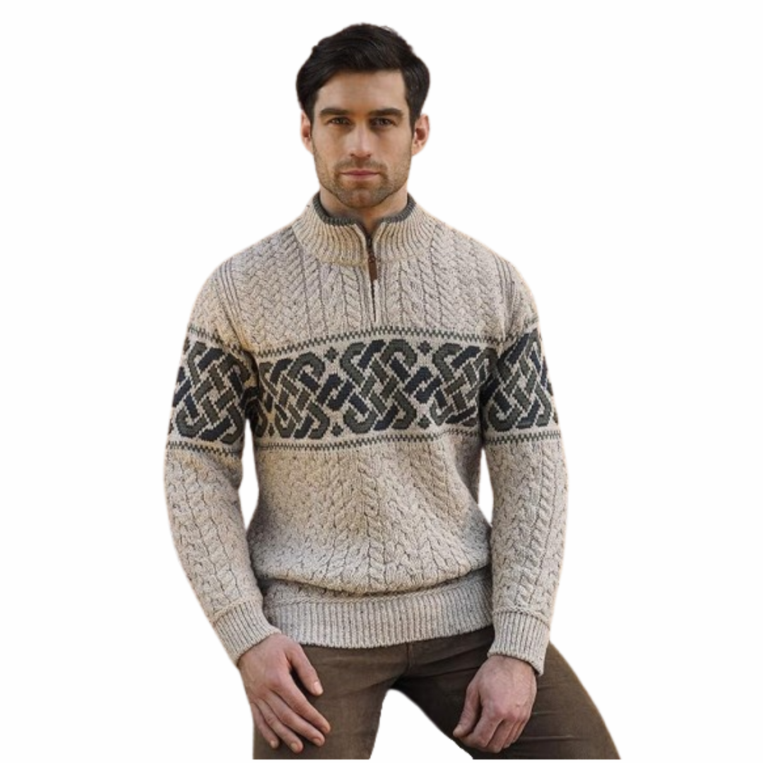 Men's Half-zipped Aran Jacquard Celtic Sweater