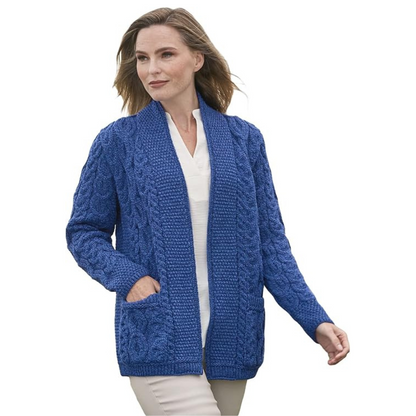 Ladies Aran Short Edge To Edge Blue Cardigan