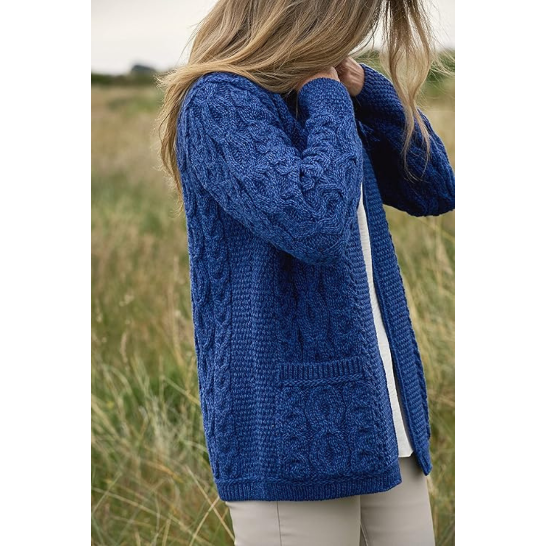 Ladies Aran Short Edge To Edge Blue Cardigan