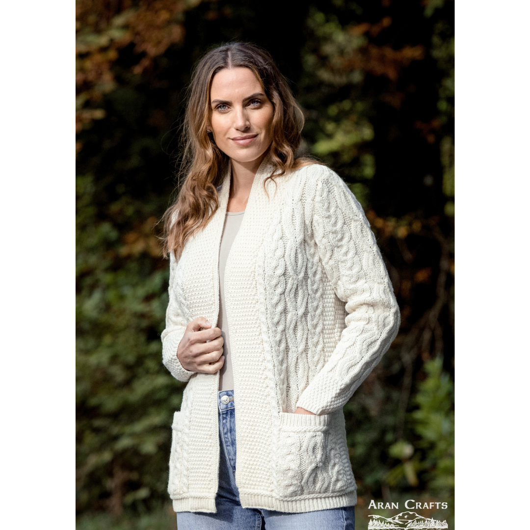 Ladies Aran Short Edge To Edge Natural Cardigan