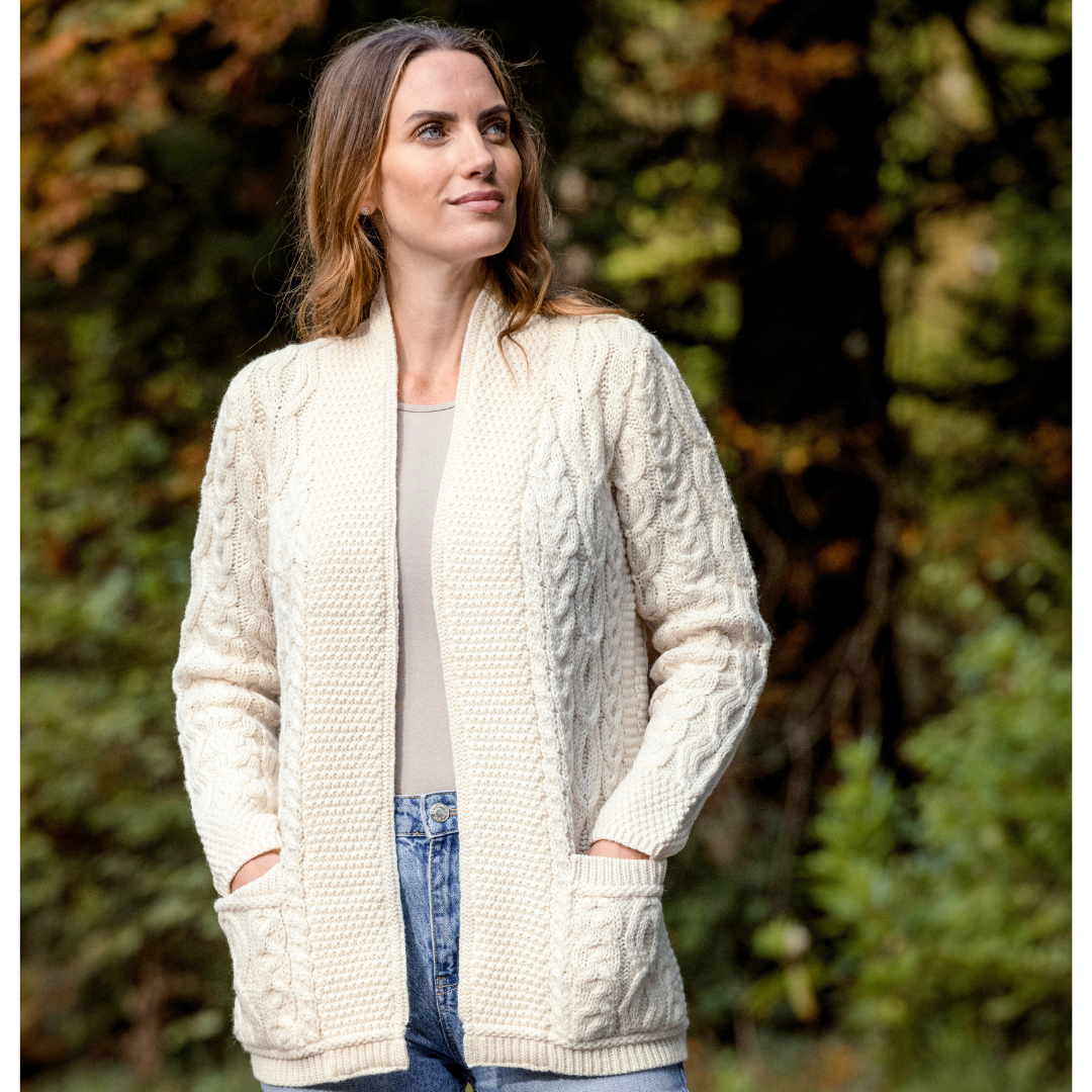 Ladies Aran Short Edge To Edge Natural Cardigan 