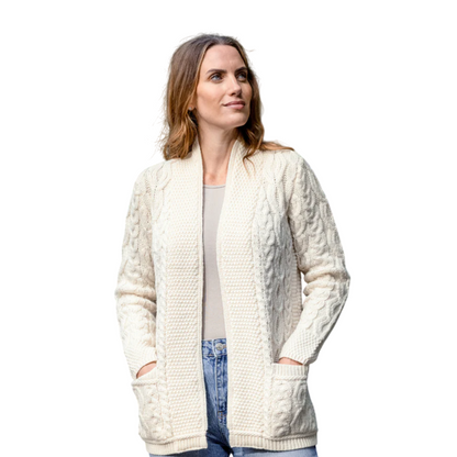Ladies Aran Short Edge To Edge Natural Cardigan