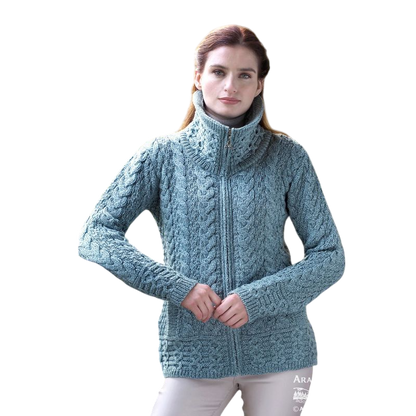Ladies Double Collar Zip Mermaid Blue Cardigan