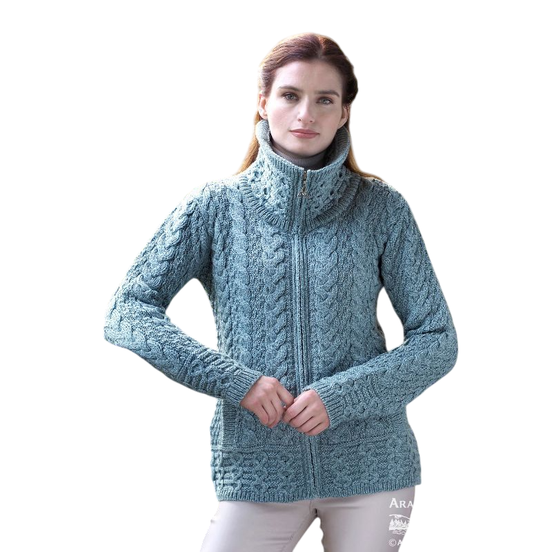 Ladies Double Collar Zip Mermaid Blue Cardigan