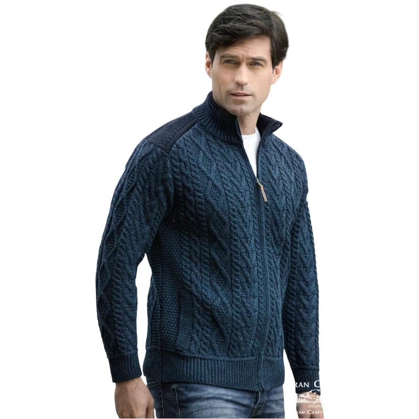 Men's Cable Knit Shoulder Patch Blackwatch Zip Cardigan