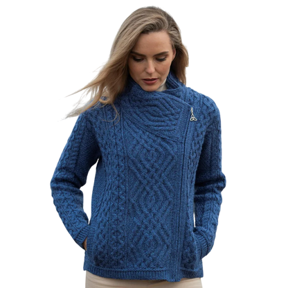 Ladies Irish Cable Knit Side Zip Marl Blue Cardigan