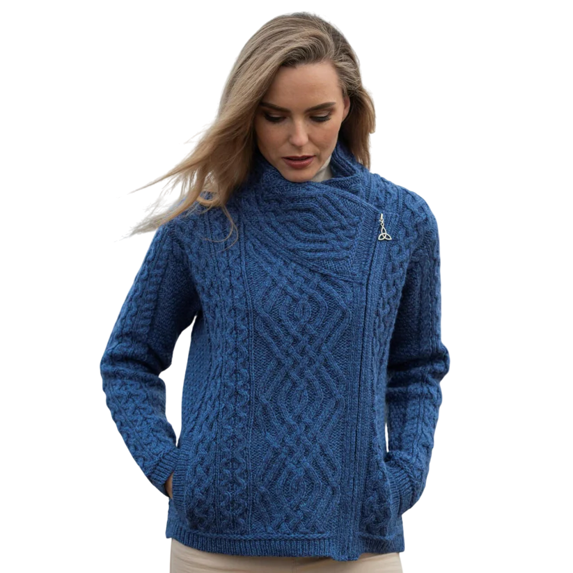 Ladies Irish Cable Knit Side Zip Marl Blue Cardigan