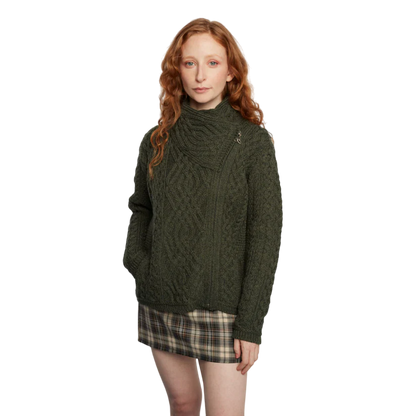 Ladies Aran Cable Knit Side Zip Green Cardigan