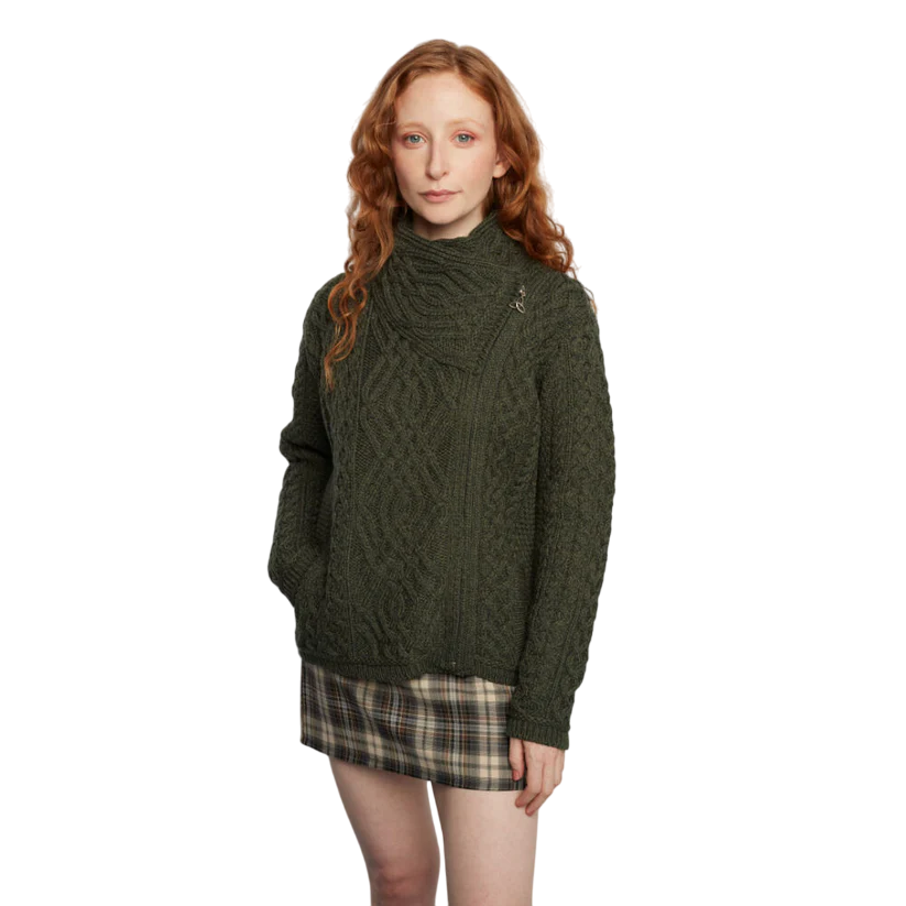 Ladies Aran Cable Knit Side Zip Green Cardigan