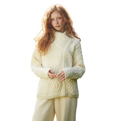 Ladies Aran Cable Knit Side Zip Natural Cardigan