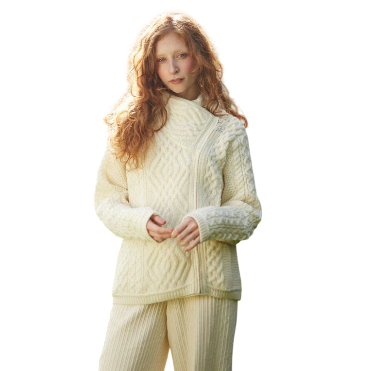 Ladies Aran Cable Knit Side Zip Natural Cardigan