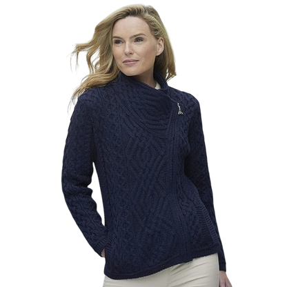 Ladies Aran Knit Trinity Zip Navy Cardigan