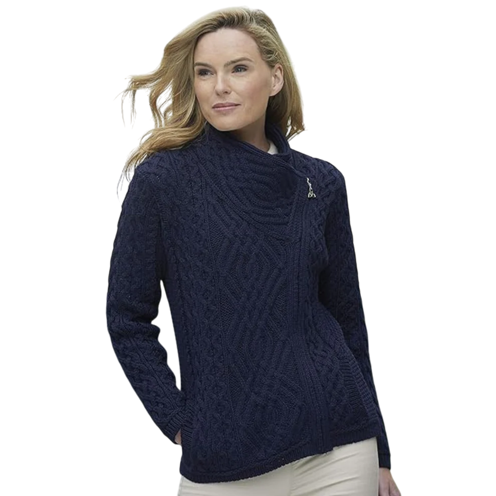 Ladies Aran Knit Trinity Zip Navy Cardigan