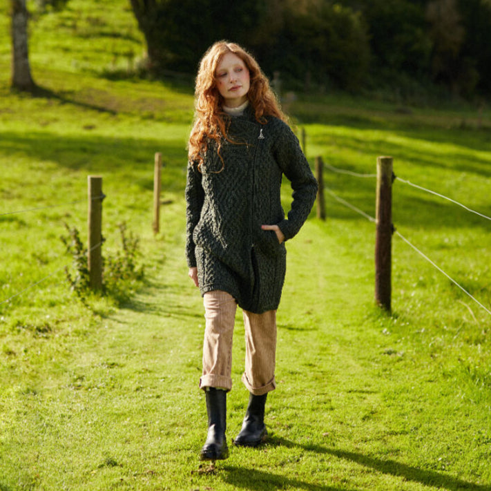 Ladies Merino Wool With Side Zip Green Knit Coat 