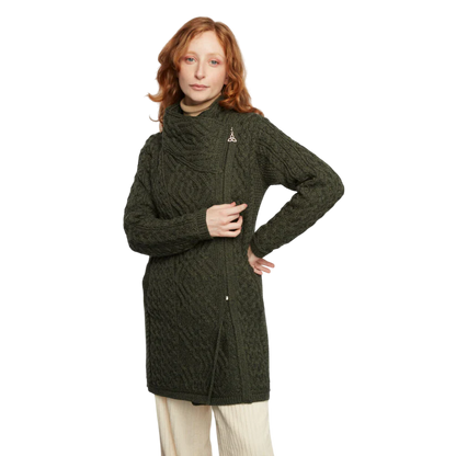 Ladies Merino Wool With Side Zip Green Knit Coat