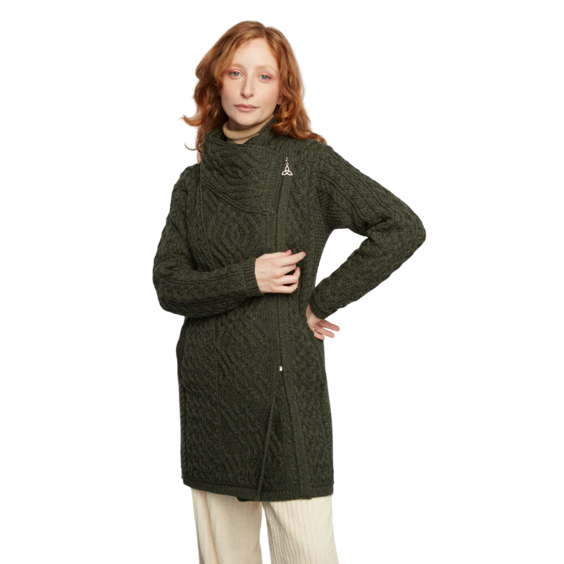 Ladies Merino Wool With Side Zip Green Knit Coat