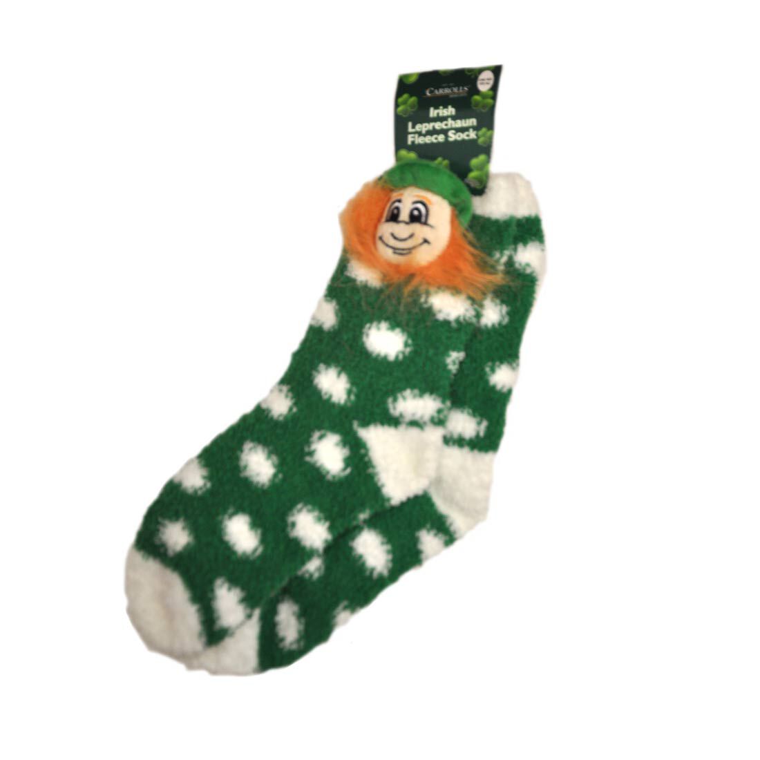 Green Fleece Socks With White Polka Dots & Soft Leprechaun Head