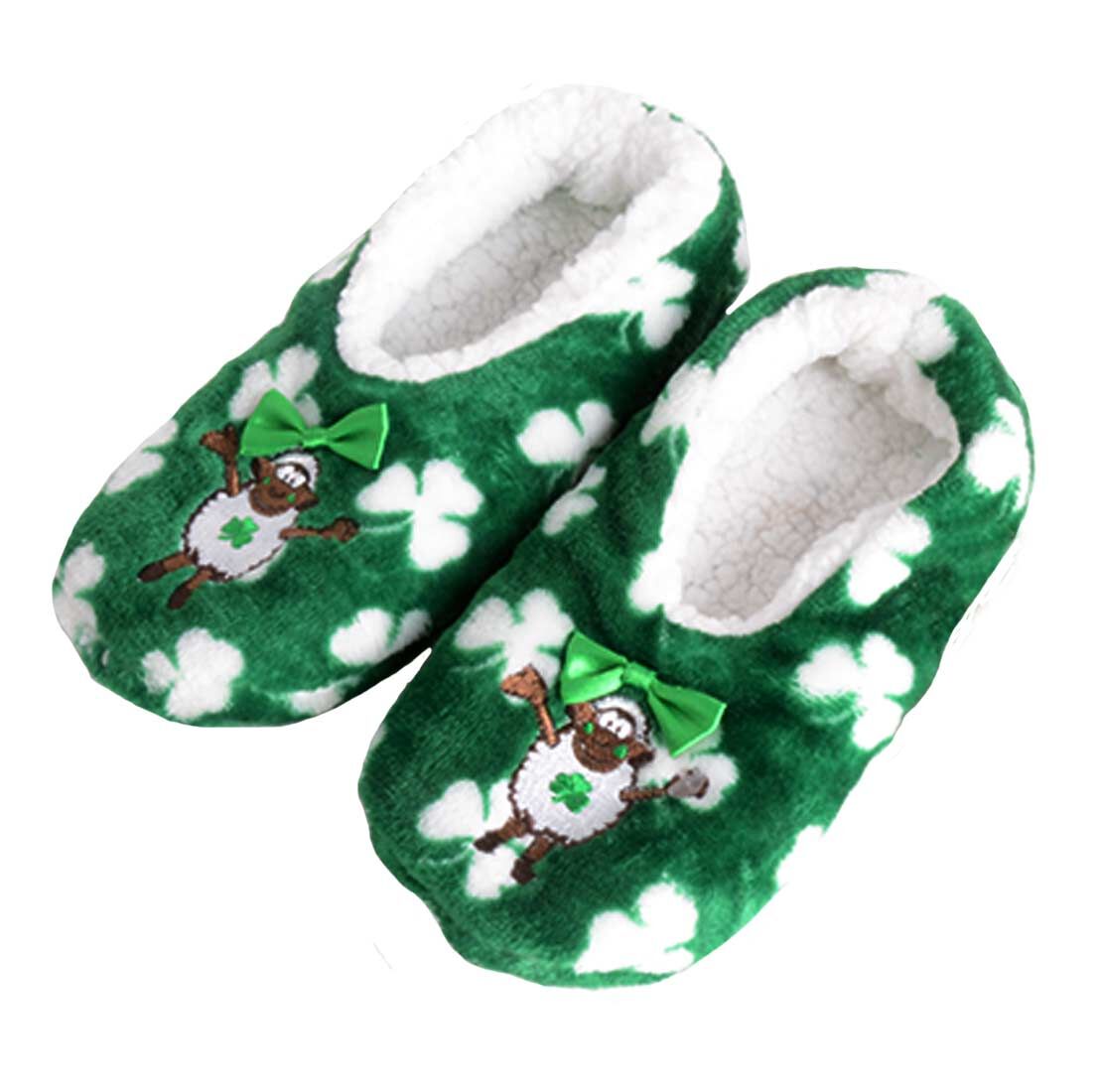 Seamus The Sheep Fleece Lined Slippers With White Shamrock Design 