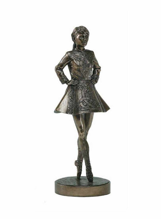 Bronze statue of a female Irish dancer in traditional dress and pose