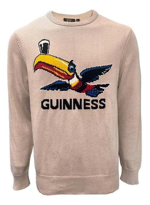 Beige knitted crew neck jumper featuring a flying toucan graphic and the Guinness wordmark