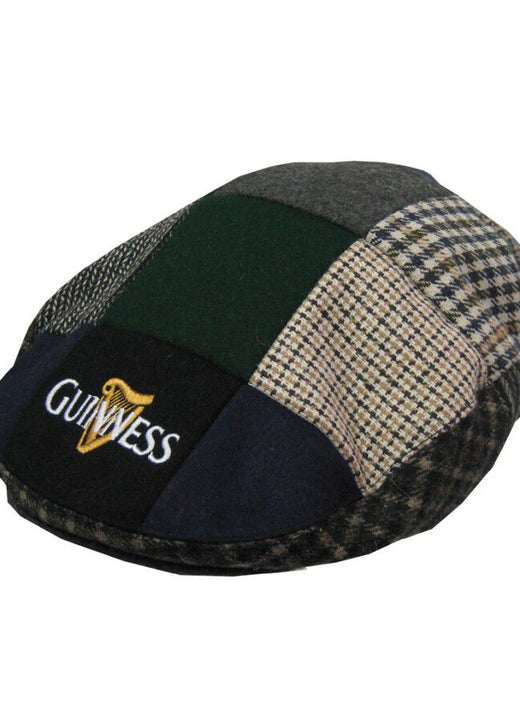 Patchwork flat cap with various fabric patterns and Guinness logo